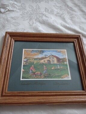 American Artist Signed Wood Framed Print Art "Grandpa's Little Helpers"